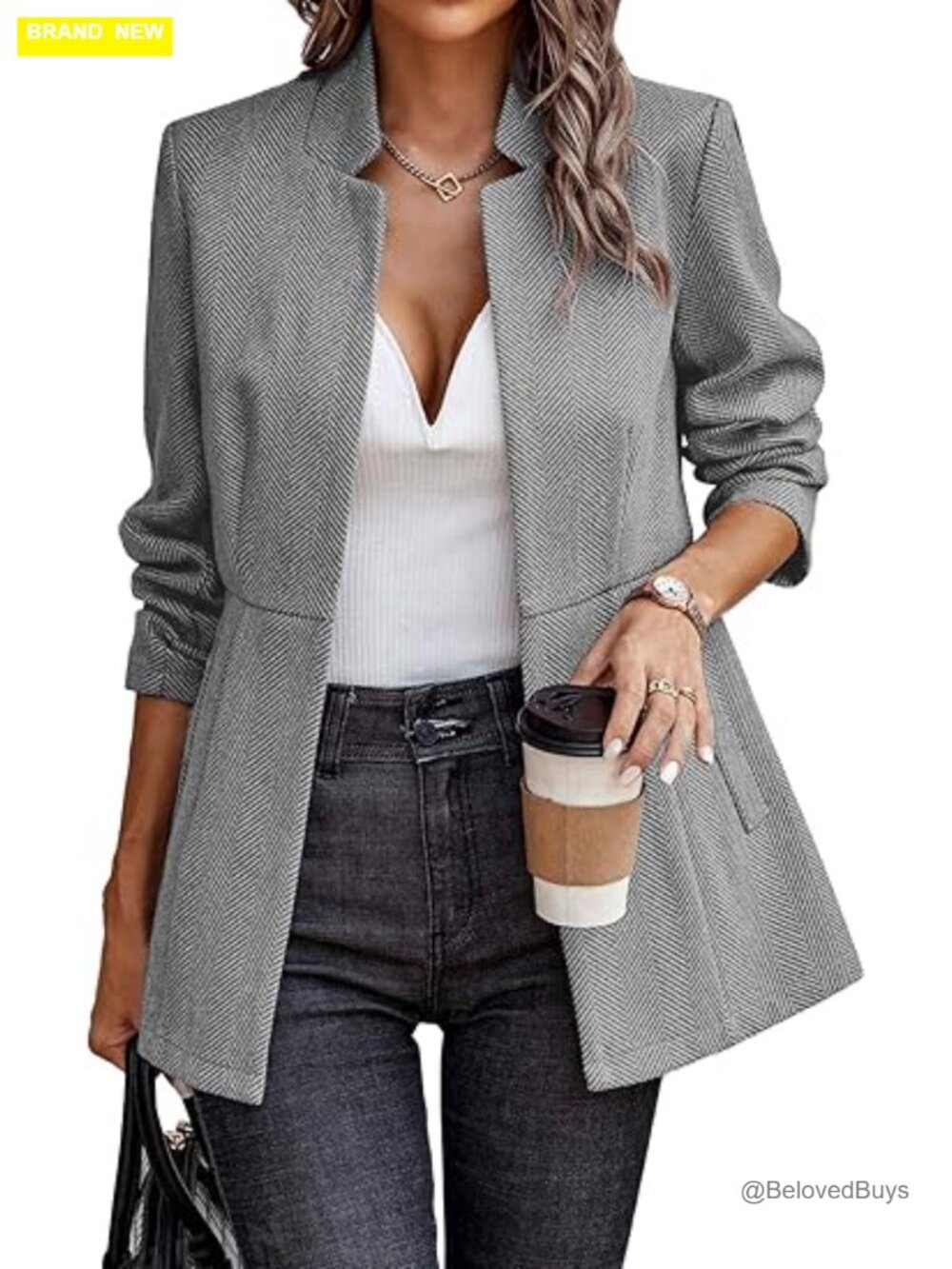Open Front Herringbone Blazer with Full Lining and Padded Shoulders